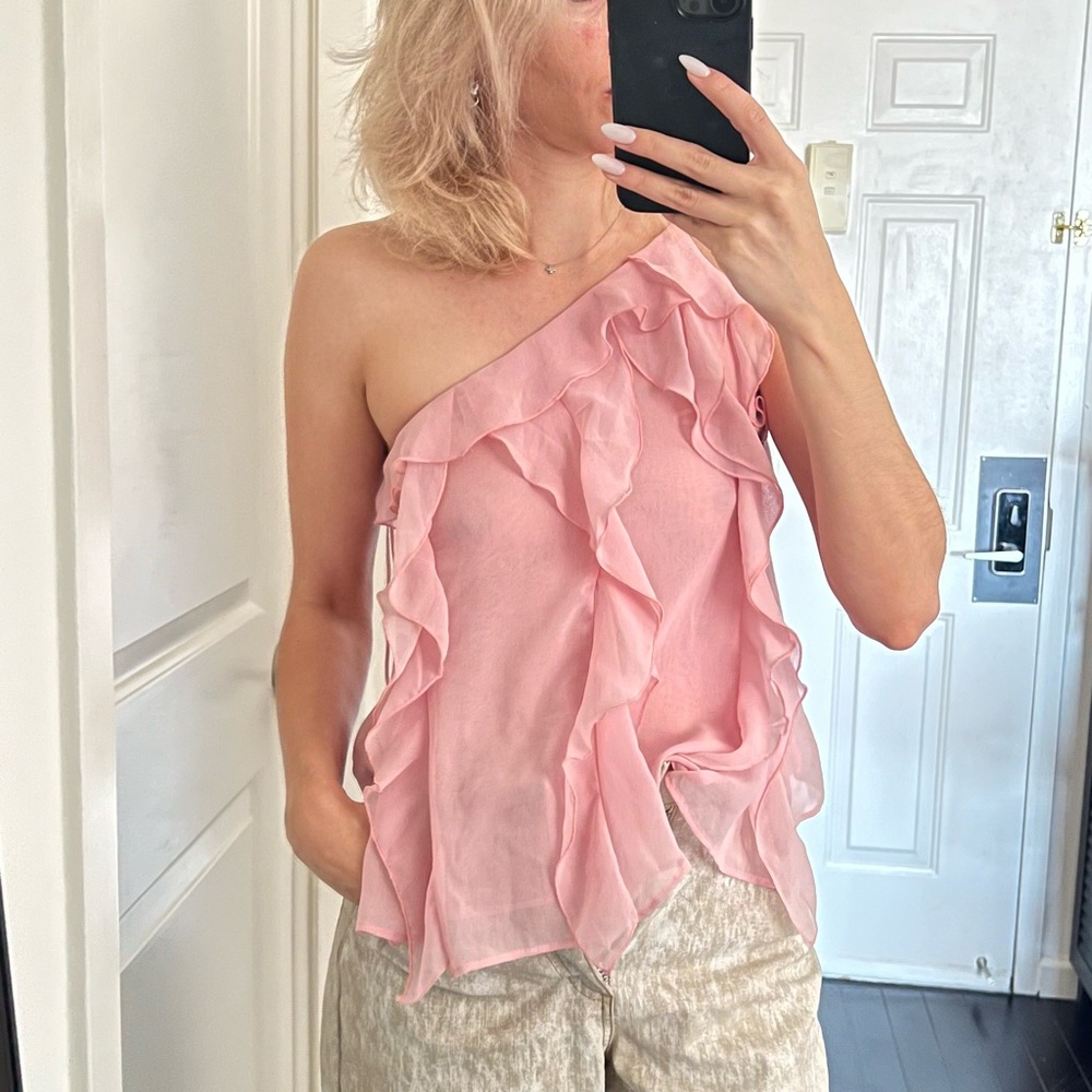 Zara One-Shoulder Ruffle Tank Top in Light Pink - Picture 2 of 4